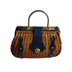 Vintage Wicker Basket Handbag Leather Trim Brass Handle 60's Picnic Doctor Purse